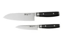 Yaxell Ran 36056, Juego De Cuchillos De 3 Piezas Santoku 16,5 Cm, Cuchillo Multiusos 12 Cm Y Afilador De Cuchillos